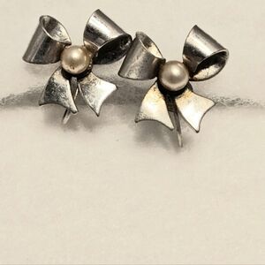 Vintage Sterling Silver Bow Earrings with Pearl Accent